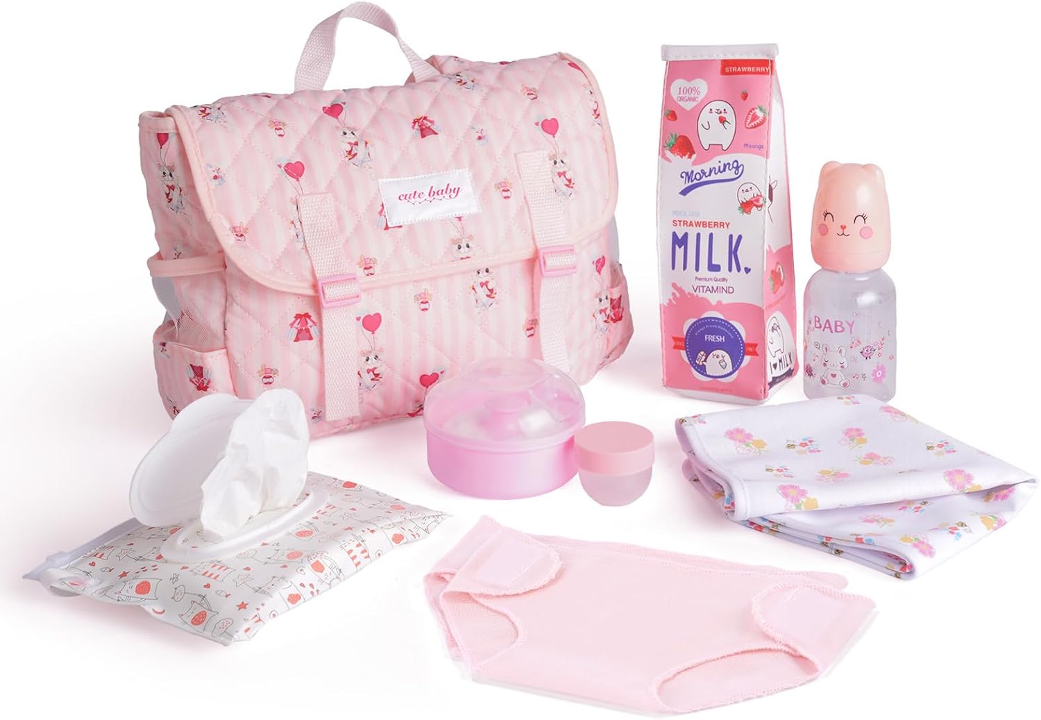 BABESIDE 9 Pcs Reborn Baby Doll Accessories for 17-22 Inch Reborn Dolls, Diaper Bag Set with 2 Diapers, Changing Pad, Bottle, Tissue and Care Set, Great for Children's Pretend Play, Doll Not Included