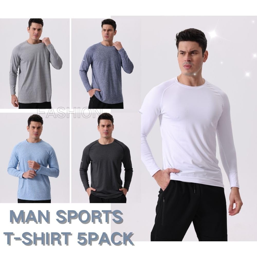 Camisas deportivas transpirables de manga larga, con cuello redondo, para hombre, 5 unidades