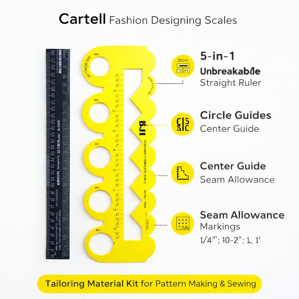 Cartell Fashion Scale Combo (2-Piece), Yellow 5-in-1 Unbreakable Scallop Ruler with 30cm Straight Scale for Pattern Making, Sewing, Drafting, DIY Crafts 1