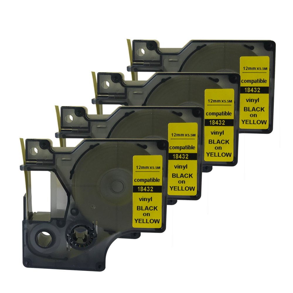 Compatible 18432 S0718450 for DYMO Rhino IND Black on Yellow Vinyl Label Tape 12mm 1/2" (4PK)