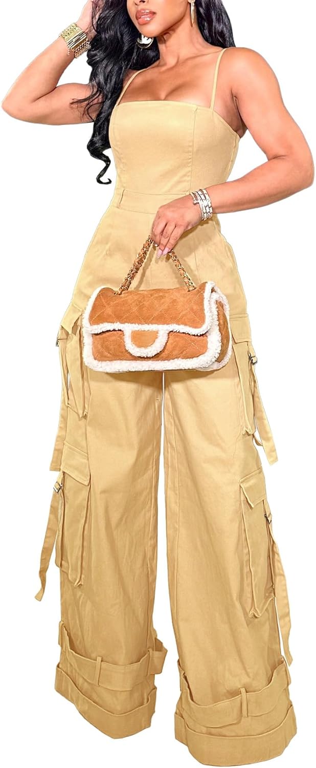 cu4eve Wide Leg Jumpsuit With Pockets for Women Summer Casual Curvy Baggy Cargo One Piece Overall Romper Party Club Night