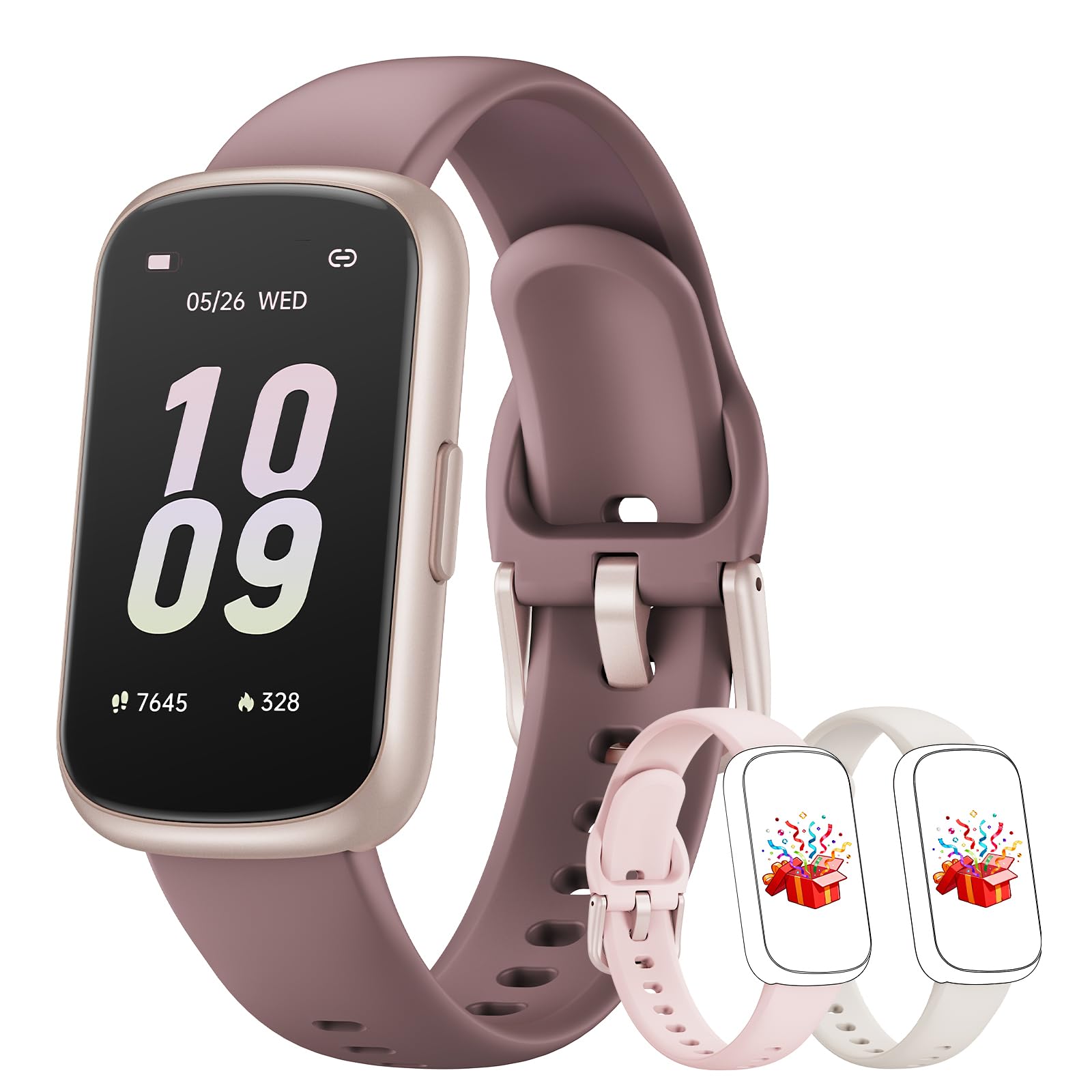 Smartwatch Donna Uomo, 1,47'' Orologio Smartwatch Piccolo con 24/7 Cardiofrequenzimetro, Sonno, Contapassi, Orologio Fitness Resistente 3 ATM Include 3 Cinturini per Android iOS, Oro rosa/Viola fumé