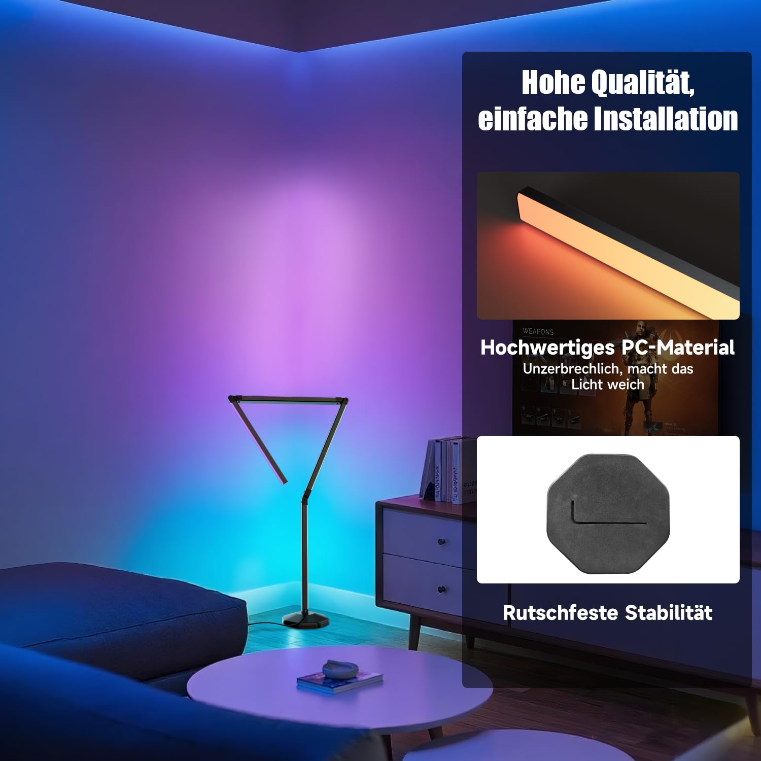 RGB LED Stehlampe Wohnzimmer 170cm, Modern Smart Stehlampe Dimmbar Faltbar mit Fernbedienung und App, 16 Millionen Farben, 99 Szenenmodi, Diy-Modus&Timing, Ecklampe für Schlafzimmer Gaming