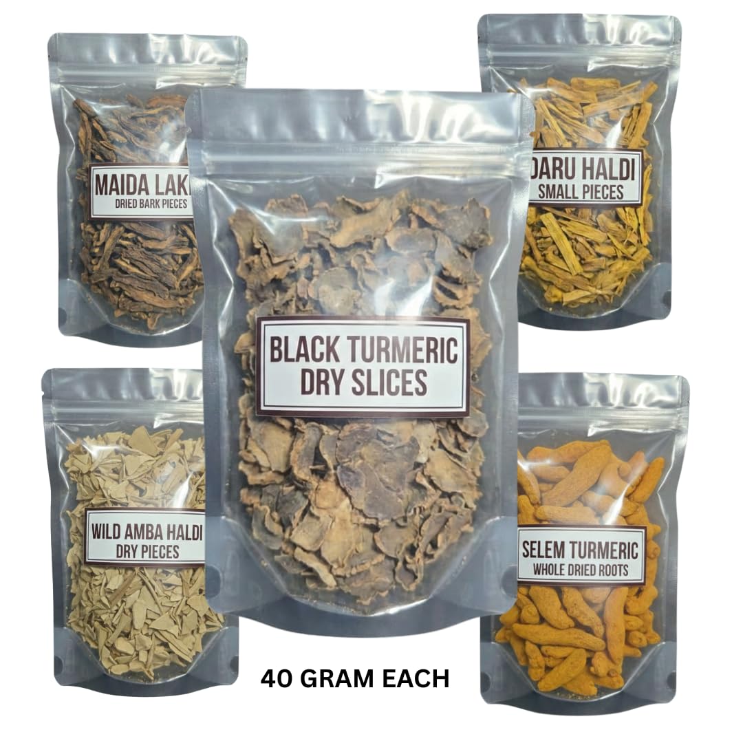 A Aṣṭādaśa Product - Pancham Haldi sabut | whole dry panch haldii (Whole sabut) | Black turmeric slice -40 g | Daru haldi - 40 g | selem turmeric - 40 grm | Amba Haldi slice - 40 gr | Maida lakdi - 40 gram (200 gram total) | Easy to ground small pieces - 200 GRAM — Amazon image 2