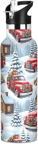 Kids Water Bottle for School Leakproof Insulated Water Bottles 20oz, BPA-Free, Christmas Vintage Red Trucks