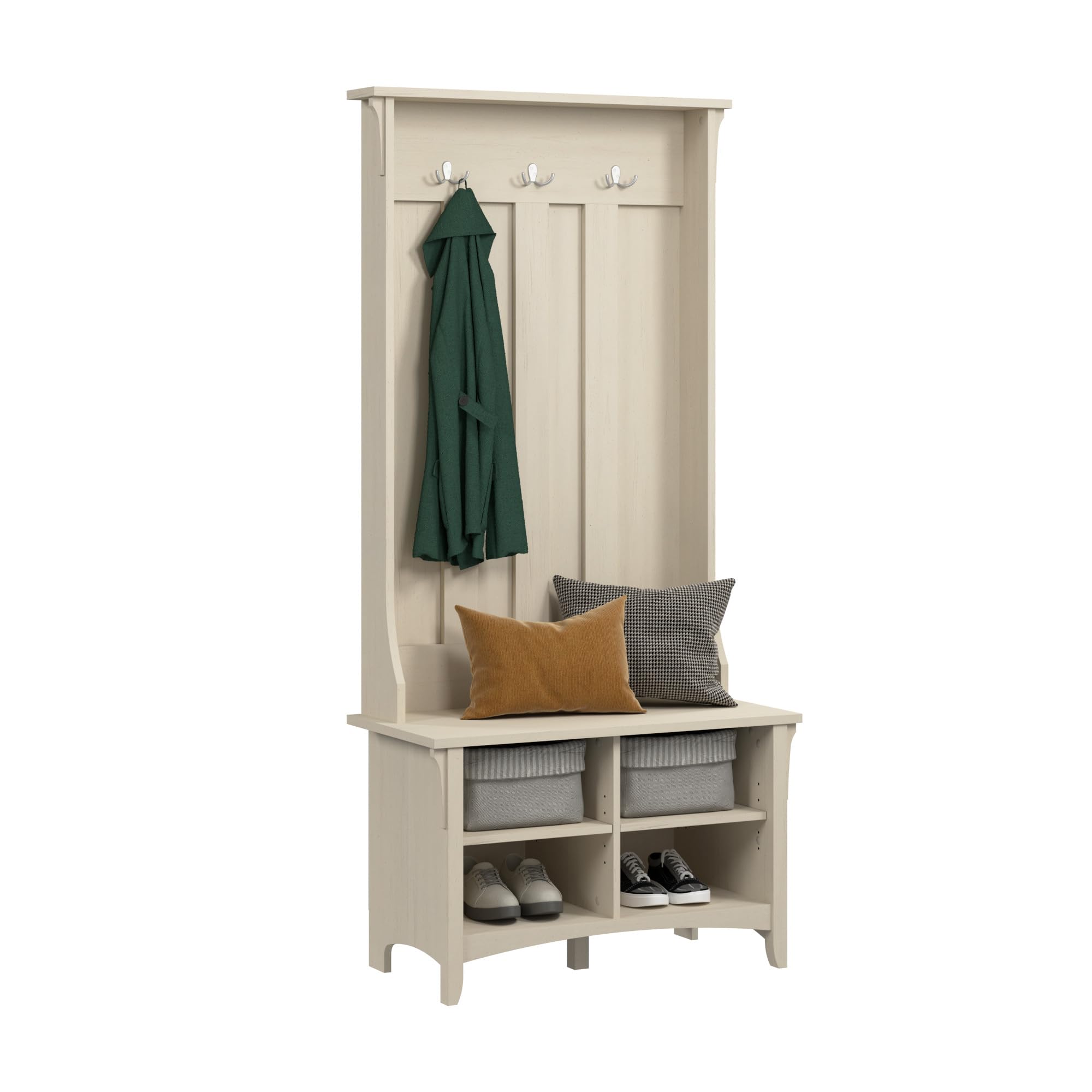 Bush Home Salinas Hall Tree with Shoe Storage Bench in Antique White, Multi-Purpose Home Organizer, Entryway Solution with Seating and Hooks