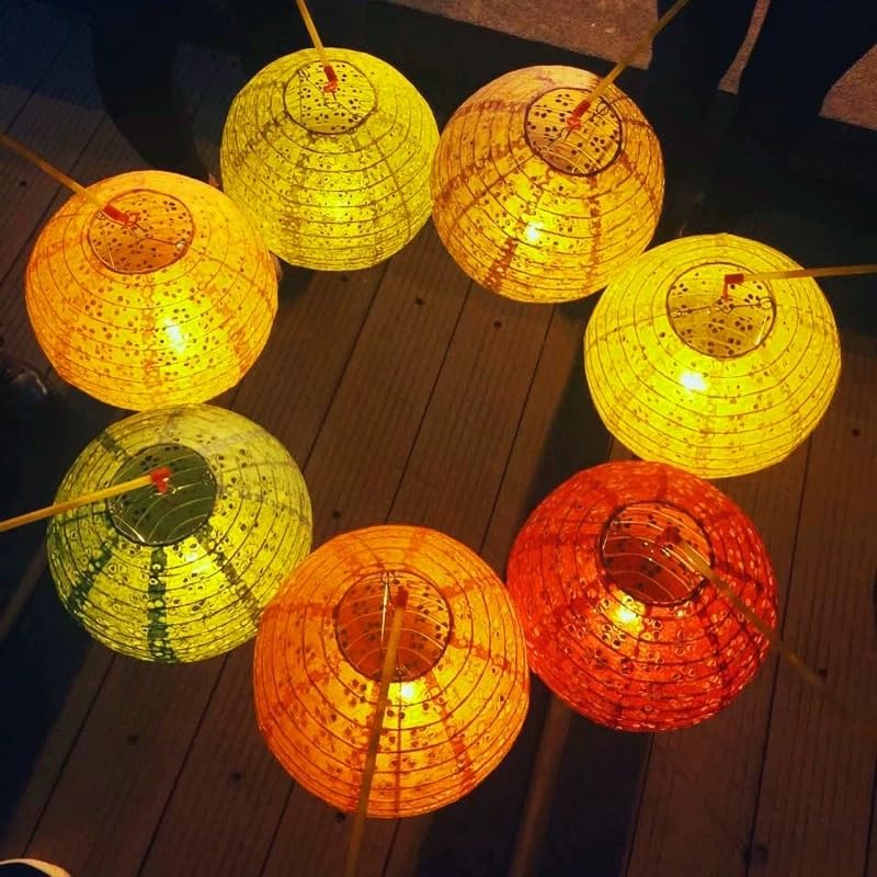 Set of 5 Paper Lanterns 6inches Variety Color Vibrant LED Lights, Hollow Out Hanging Paper Lanterns with Tassels Walking Sticks for Dinner Birthday Party Decor (Round)