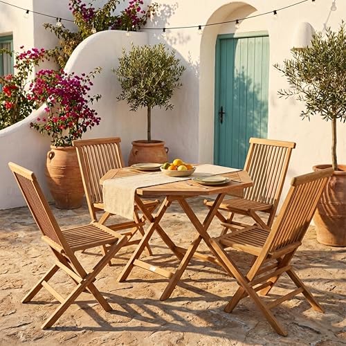 Conjunto de comedor redondo plegable de madera de teca para terraza y mobiliario de jardín 5