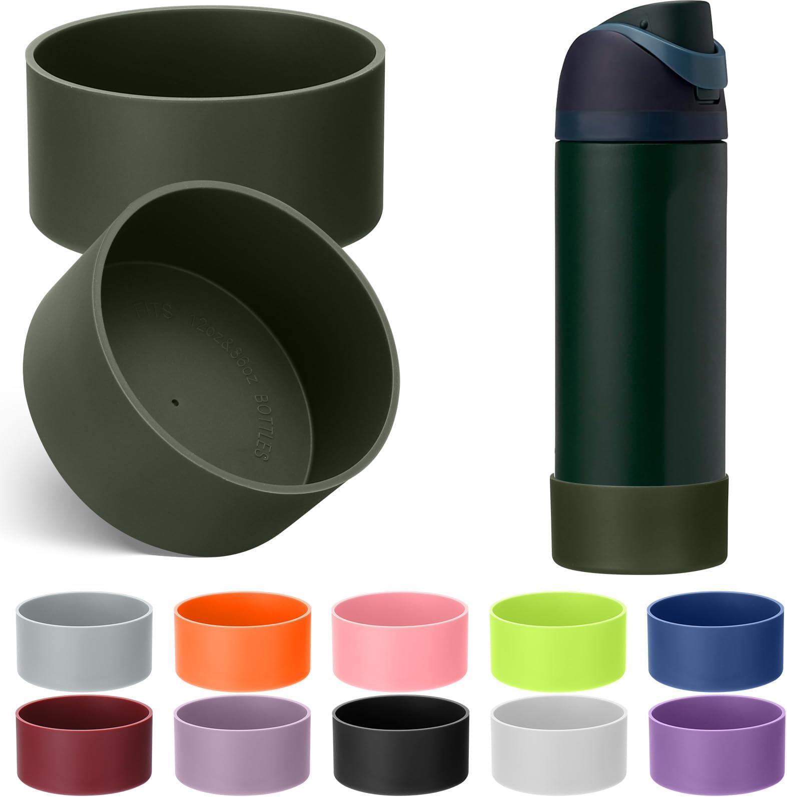 2PCS Silicone Boot for Owala Water Bottle 24 oz 32 oz, Anti-Slip Protective Sleeve Bottom Bumper Protector for FreeSip Stainless Steel Water Bottles Accessories (Dark Green, 24oz)