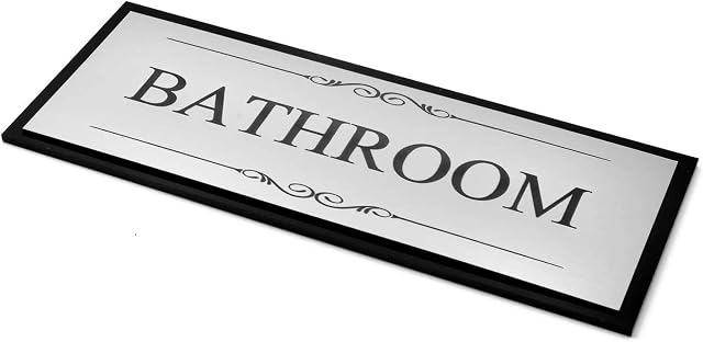 OriginDesigned Bathroom Door Sign, Adhesive Plaque, Stylish Metallic Silver and Black - Acrylic (Size 19.5cm x 7.6cm) supplied with adhesive strips