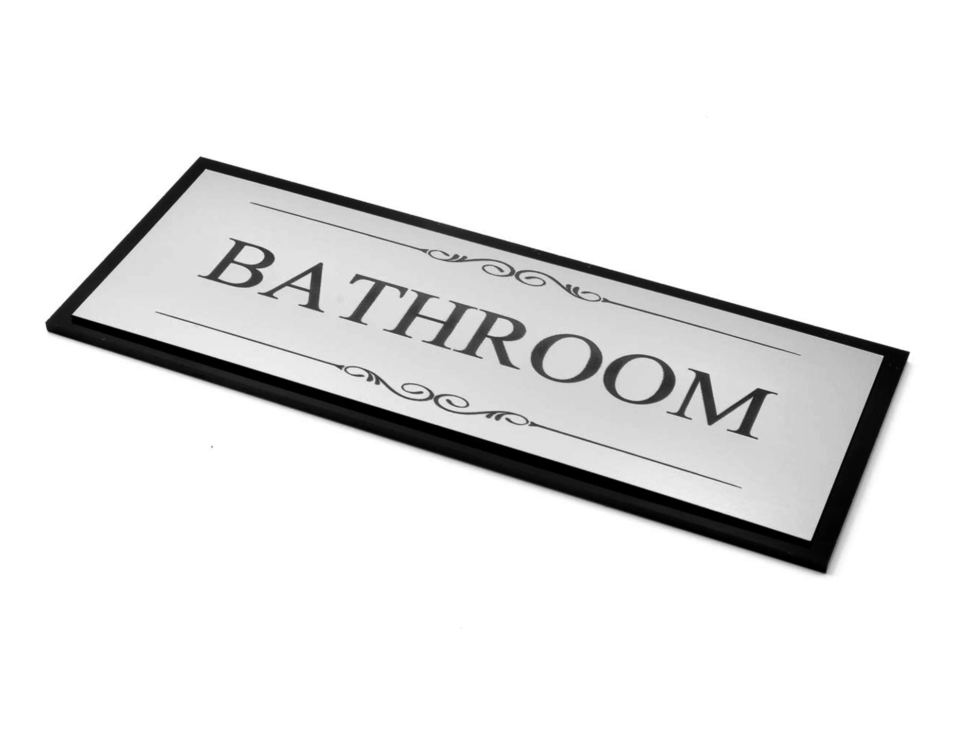 OriginDesigned Bathroom Door Sign, Adhesive Plaque, Stylish Metallic Silver and Black - Acrylic (Size 19.5cm x 7.6cm) supplied with adhesive strips
