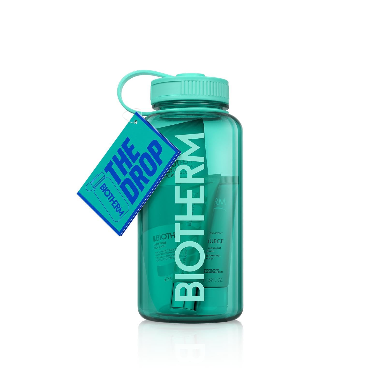 Biotherm, Aqua Drop, Prodotti Essenziali per l'Idratazione di Viso e Corpo | Quattro prodotti per la cura del viso e del corpo, per pelli da normali a grasse, in una borraccia in plastica da 1 litro