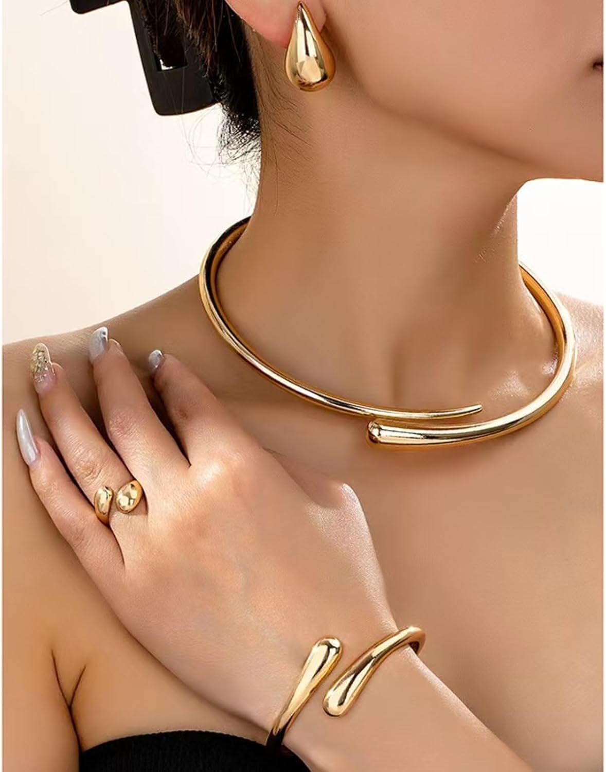 Gold Statement Jewelry Set for Women Teardrop Choker Necklace Trendy Drop Earrings Cuff Bracelet Adjustable Statement Ring Elegant Formal Jewelry Accessories - Image 2