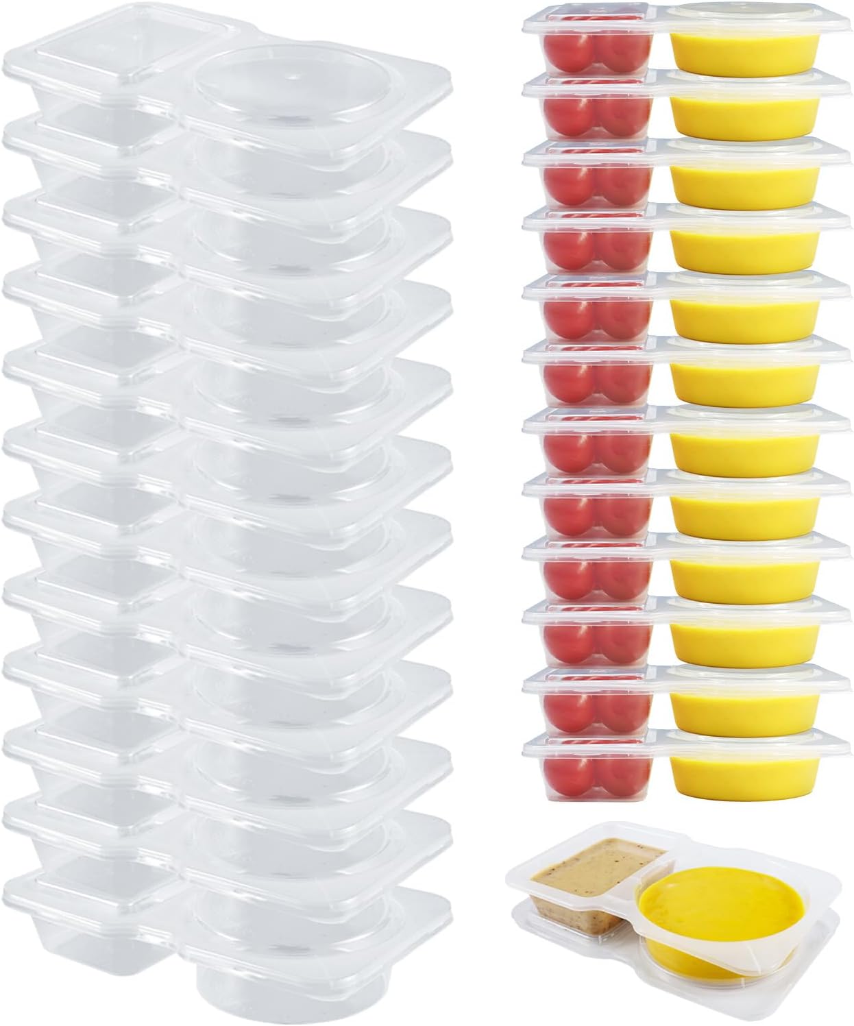 24 Pcs Reusable Snack Containers, 2 Compartment Condiment Containers with Lids for Refrigeration, Portion Control, Outdoor Takeaway Sauce Dip Case.