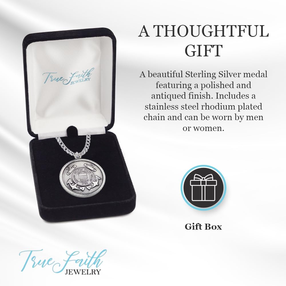 True Faith Jewelry Sterling Silver United States Coast Guard Service Medal with St Michael Patron Saint Archangel Pendant Necklace, 1 Inch