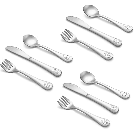 DRKIO Edelstahl-Besteck Für Kleinkinder | 12-teilig (6 Gabeln, 6 Löffel), Spülmaschinenfest, Tiermotive