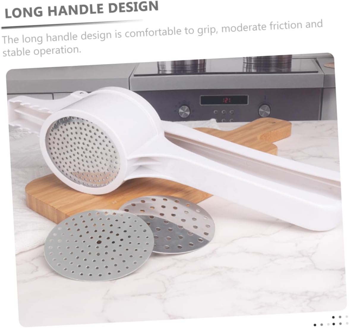 Heavy Duty Kitchen Potato Masher with Interchangeable Discs Manual Reusable Potato Crusher Carrots Fruits Vegetables Easy to Clean and Carry