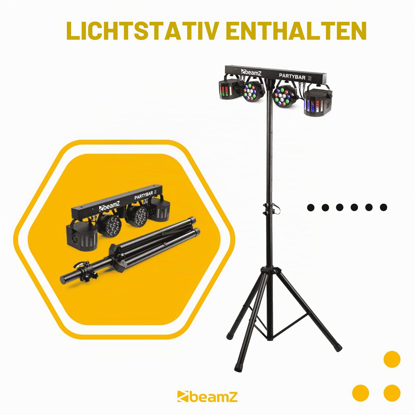 BeamZ Partybar 2 - DJ Lichtanlage | Disco Partylicht | Bühnenlicht Set | 2x LED PAR und 2x Derby |RGBW | DJ Lichteffekte mit Stativ, Lichtorgel Musikgesteuert LED Bar | DJ Licht