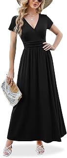 Maxi Dress for Women Wrap V Neck Short Sleeve Empire Pleated Waist Summer Casual Elegant Long Dresses with Pockets