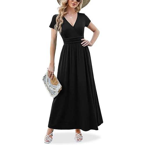 ANRILITA Maxi Dress for Women Wrap V Neck Short Sleeve Empire Pleated Waist Summer Casual Elegant Long Dresses with Pockets