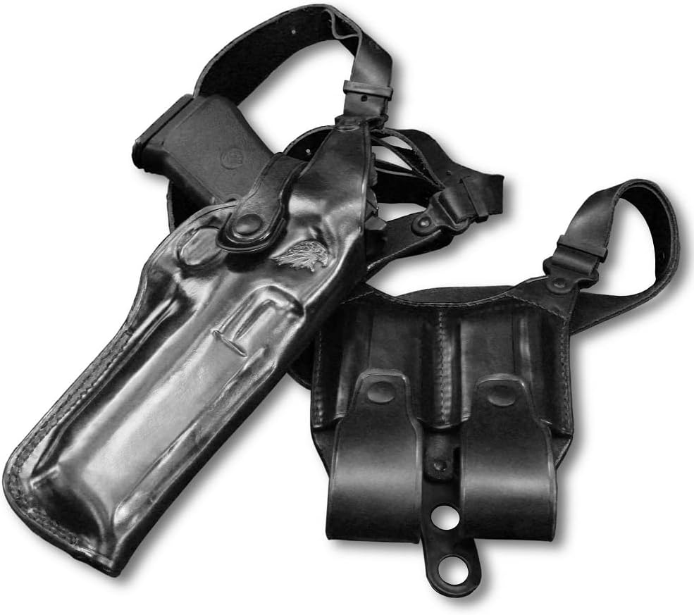 Premium Leather Vertical Shoulder Holster w/Double Mag Carrier for Desert Eagle-Type, Fits All Calibers with 6-inch, RH Black #1089#
