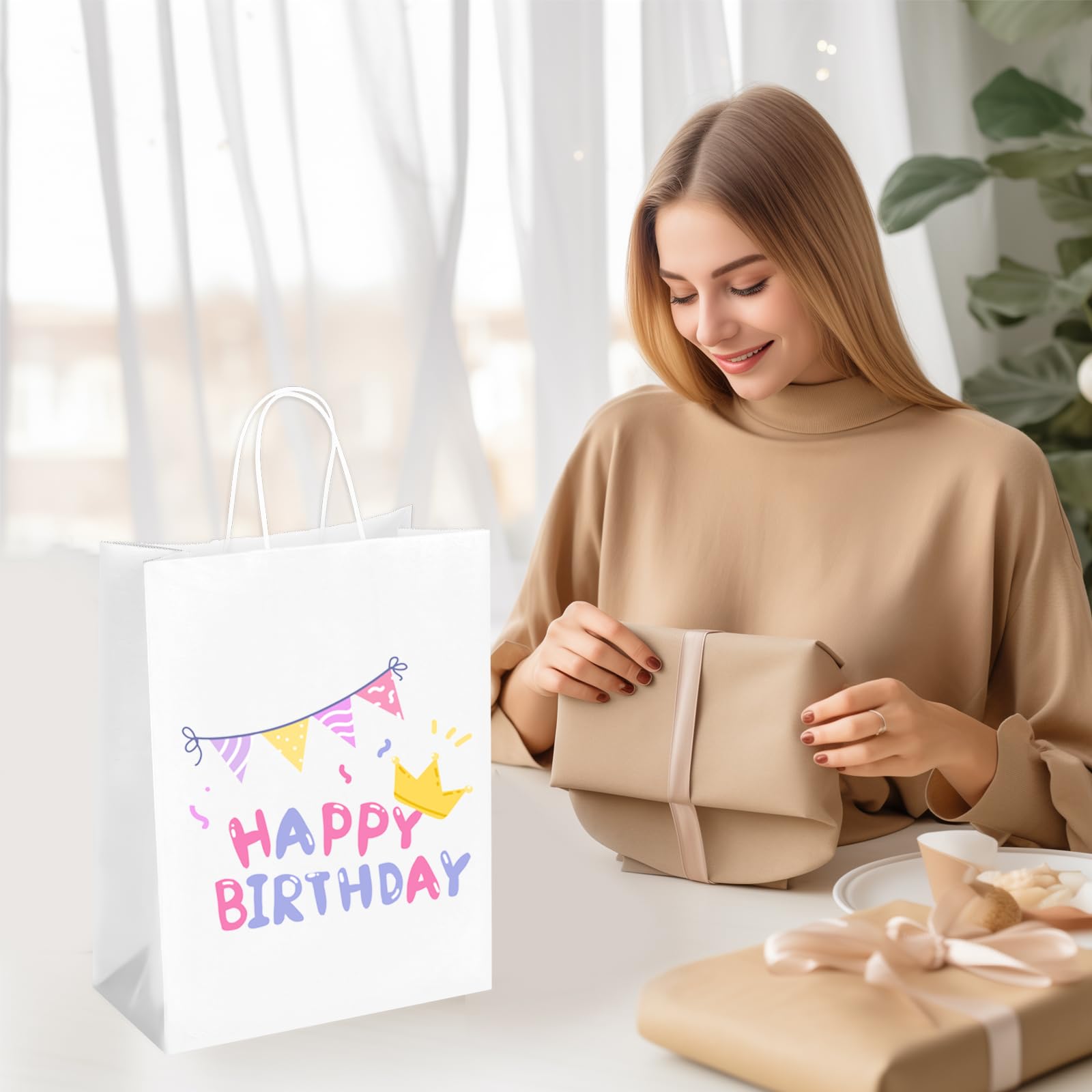 Oikss Confezione da 50 sacchetti di carta kraft bianca con manici, 25 x 12 x 33 cm, per feste di compleanno, bomboniere, generi alimentari, shopping, affari, sacchetti regalo riciclati (grandi