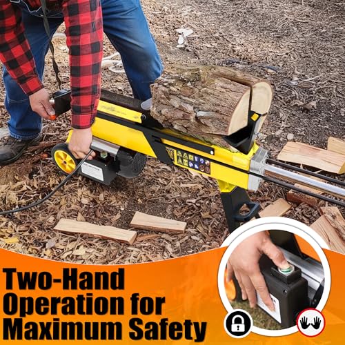 PPOLB 7 Ton Electric Wood Splitter, 15Amp Hydraulic Log Splitter with Detachable Cross Blade Cutting Head, Portable Firewood Splitter, Compact Horizontal Design for Backyard, Garage, Cabin - Yellow