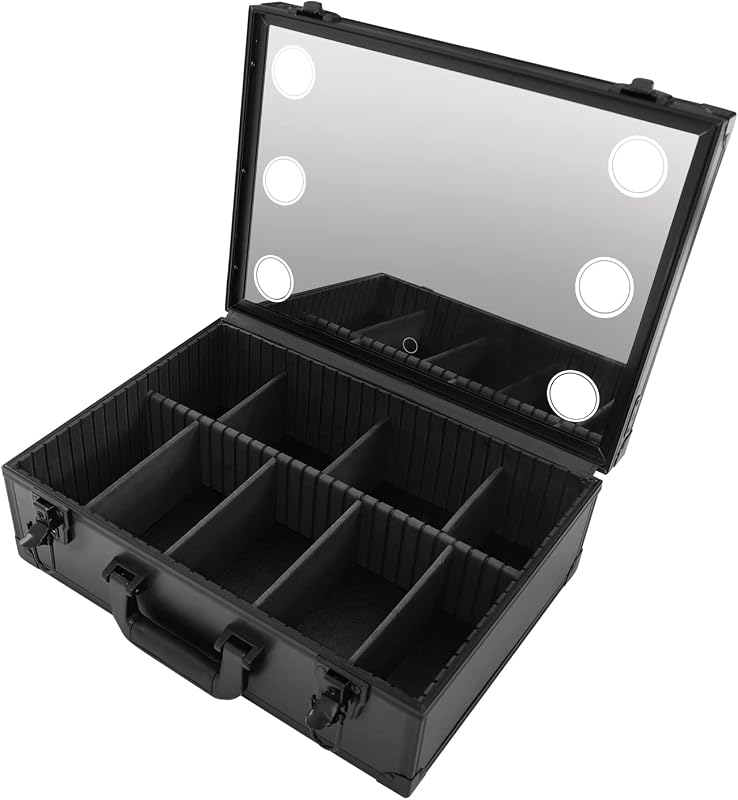 Travel Makeup Bag w/LED Light & Mirror, Make up Train Case, Cosmetic Organizer Box, Makeup Case with Customized Dividers, Large Makeup Artist Organizer Kit