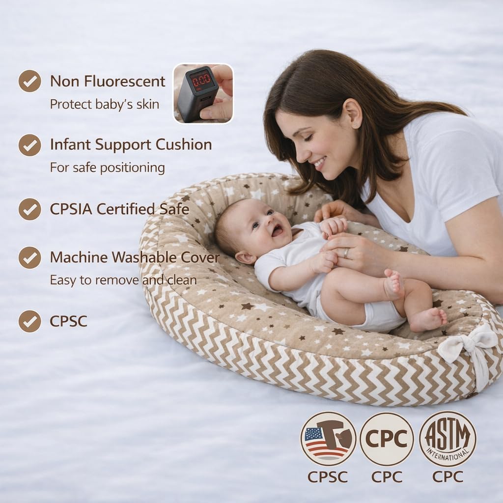 Baby Lounger | Organic Cotton Infant Lounger | Reversible, Adjustable & Portable Floor Lounger | Supervised Use | Soft, Breathable, Washable Cover- Star Collection (Tan) - Image 3