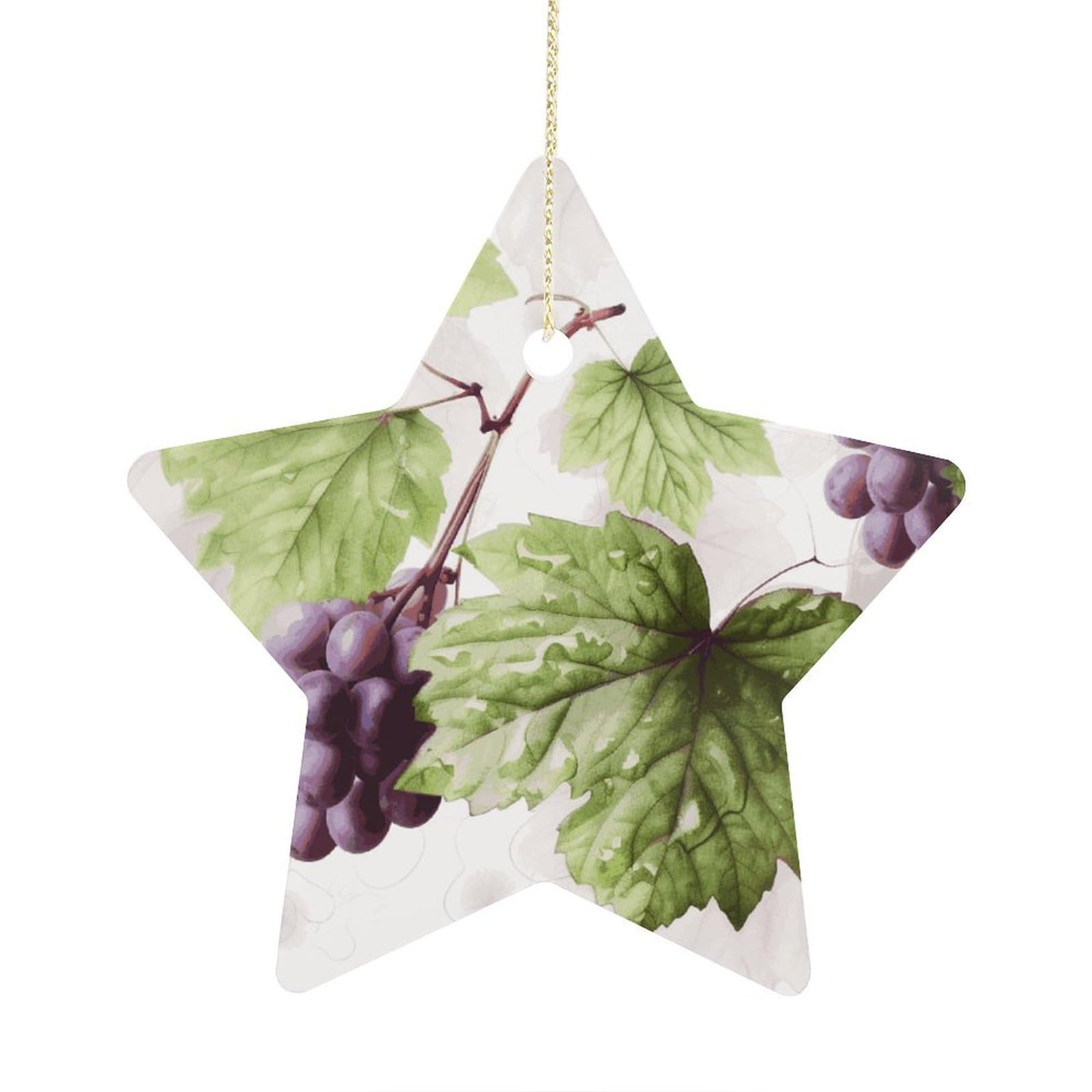 Beautiful Grape Leaves Stars Ornaments Ceramic Christmas Tree Hanging Light in Weight Christmas Star Pendants Funny Double-Sided Printed Xmas Ornaments for Gifts