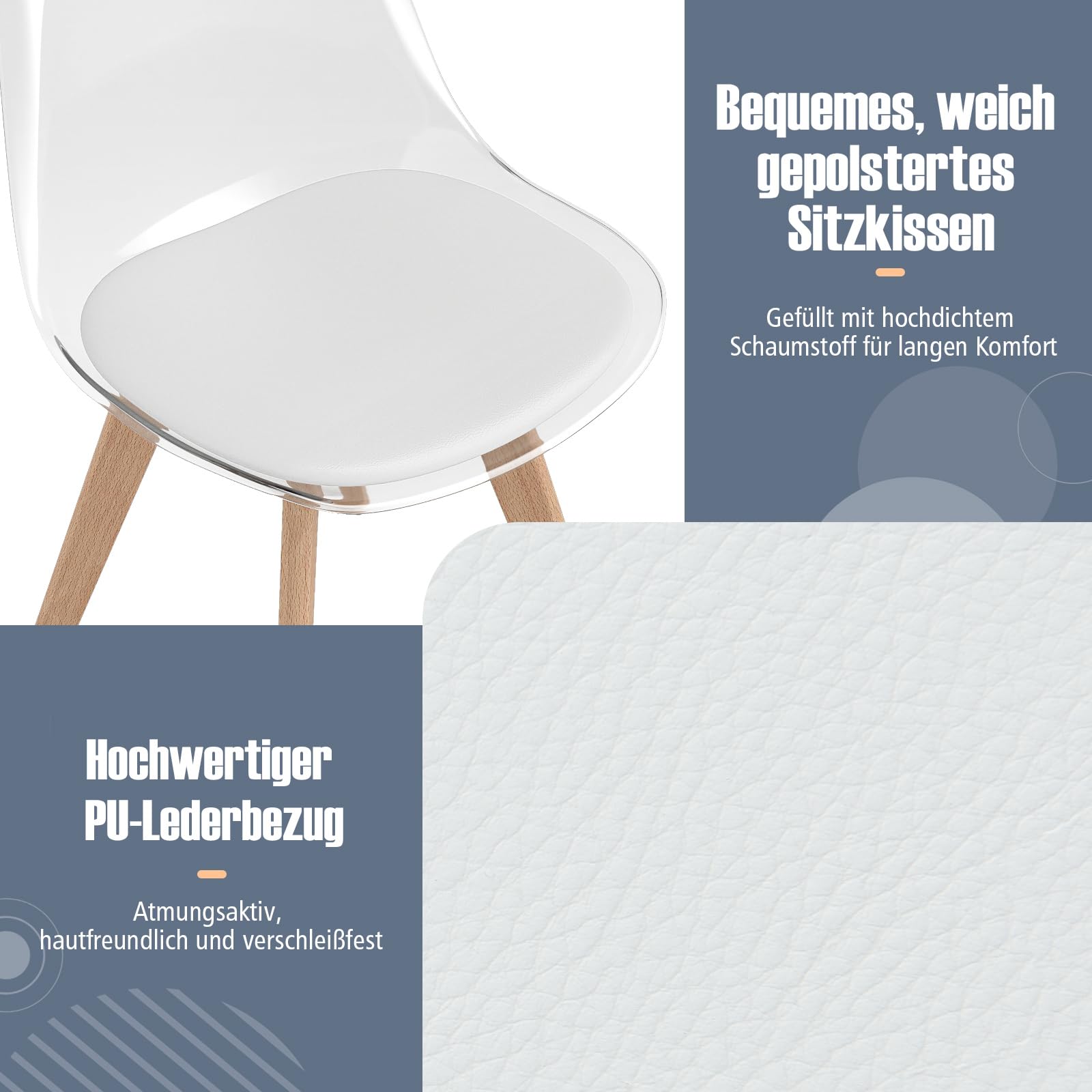 RELAX4LIFE 4er Set Esszimmerstühle, transparente Küchenstühle mit ergonomischem Sitz & Massivholz Beinen, Akzentstuhl gepolstert bis zu 150kg belastbar, für Küche, Wohnzimmer, Büro (Weiß)