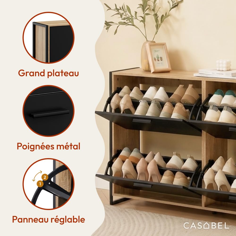CASABEL Meuble de Rangement à Chaussure Industriel 24 Paires - Double Compartiment - Armoire Etagere Grande Capacité pour Entrée, Couloir - L114xP24xH83 cm - Portes Noires Cadre Bois Clair