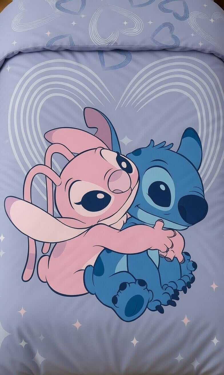Stitch i Angel Pościel 140x200 + Poszewka 65x65 Polibawełna Oeko-Tex Disney | Odwracalna pościel jednoosobowa | Polibawełna Oeko-Tex szybkoschnąca | Disney | Nastolatki | Prezent | Do prania w pralce