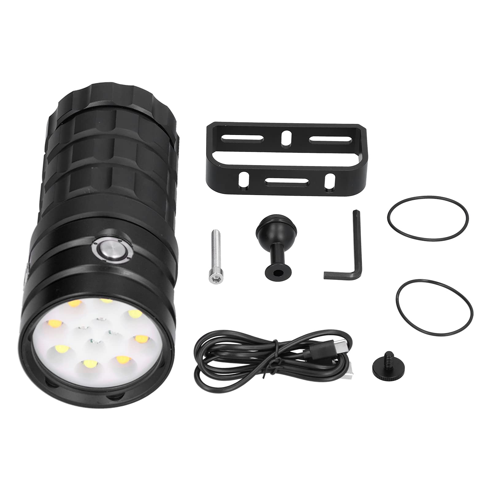 Jiawu Diving Flashlight, 10000 LED, Waterproof, Black Aluminum, Modern Design, 100M, 8 Modes, Underwater LED Flashlight for Diving, Photography, Fishing, Hunting, Camping