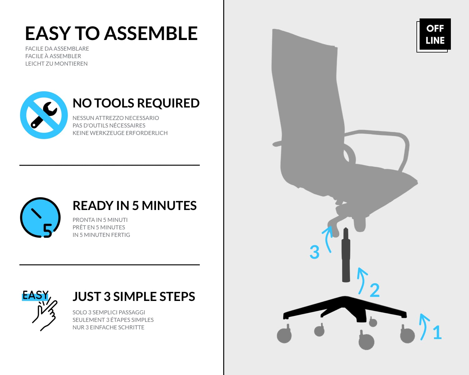 OFF LINE Sedia Ergonomica per Ufficio e per Smart Working, Ruote Silenziose, Per Uso al PC, in Finta Pelle Nera e Telaio con Braccioli in Acciaio Cromato, Schienale Alto (70x70x120 cm)