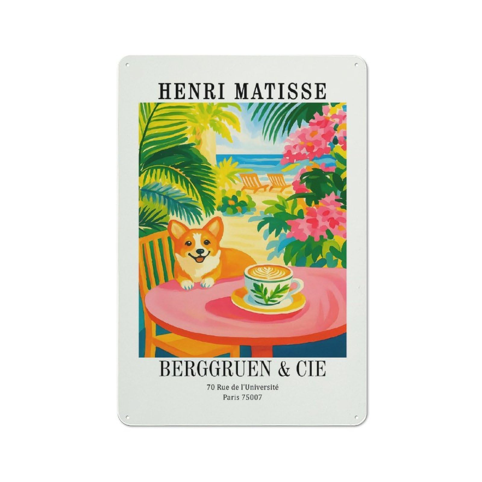 Metal Wall Plaque with Henri Matisse Corgi Beach Cafe Art Design 30x20cm, Simple Retro Studio Wall Plaque for Hobby Room, Office, Lounge Or Living Room