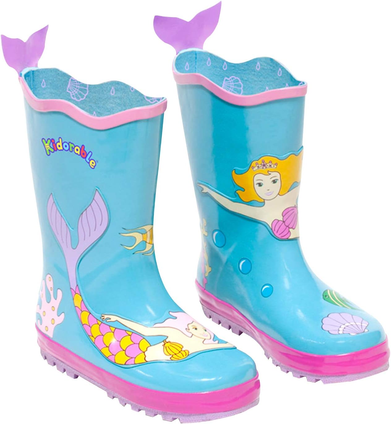 Kidorable Blue Mermaid Natural Rubber Rain Boots w/Fun Fishtail Pull On Heel Tab