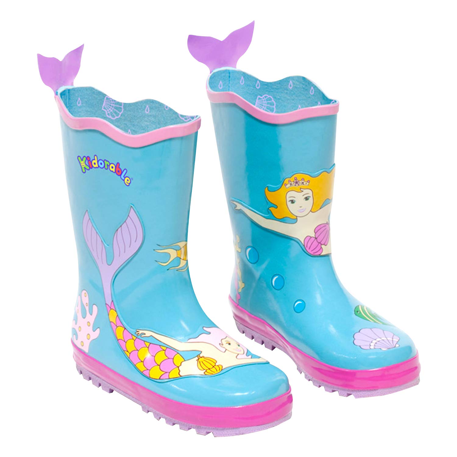 Kidorable Blue Mermaid Natural Rubber Rain Boots w/Fun Fishtail Pull On Heel Tab
