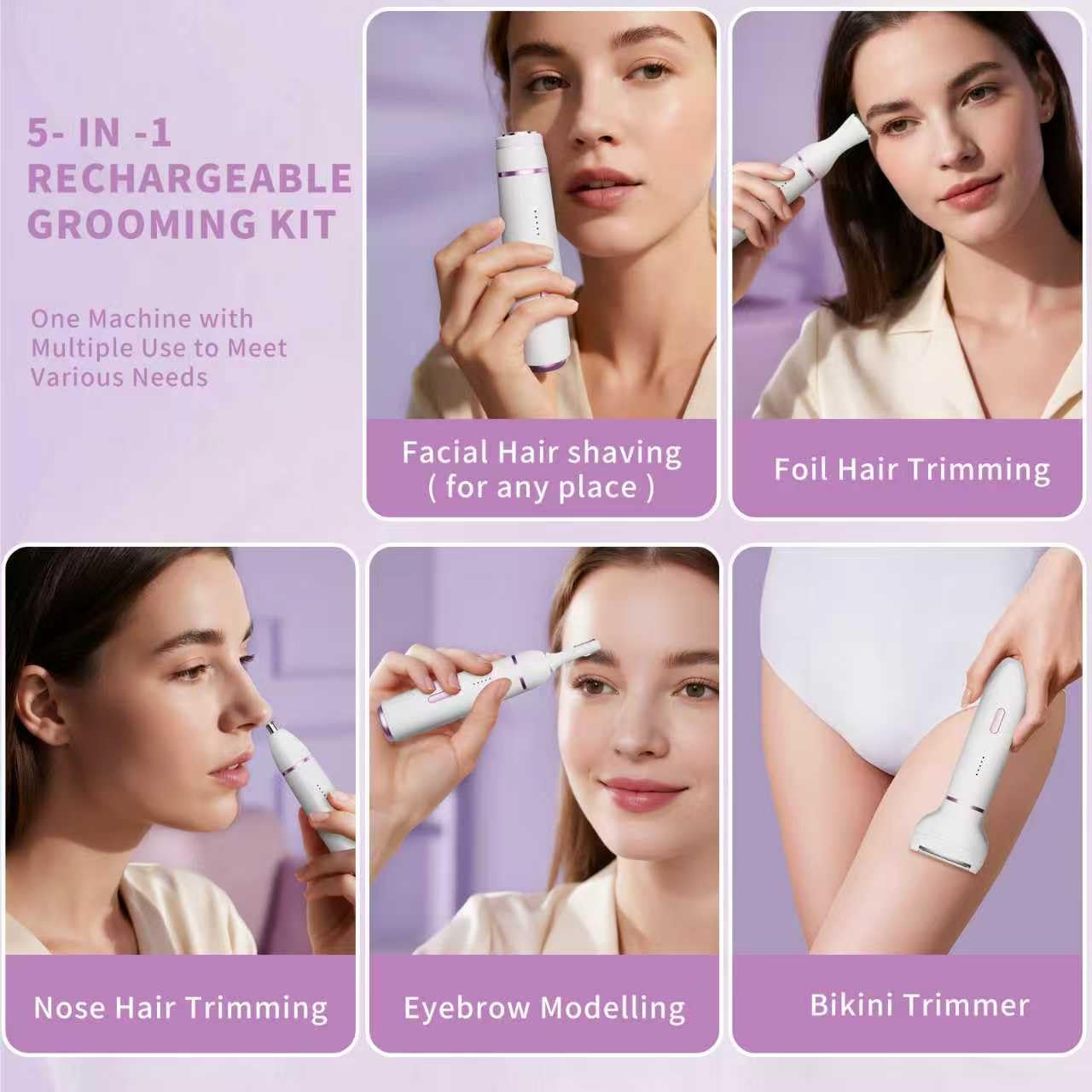 Maquinilla de afeitar eléctrica 5 en 1 para mujer, recortadora de bikini húmeda y seca y removedor de vello facial, maquinillas de afeitar de cejas, recortadora de vello de nariz, kit de depilación