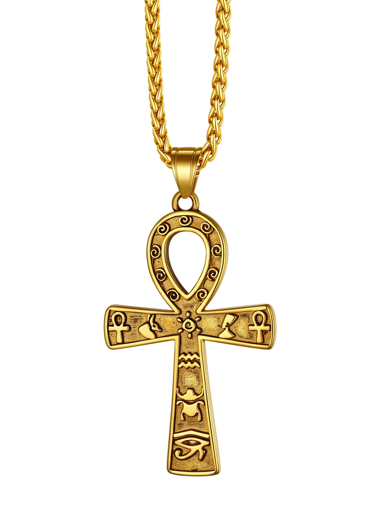 Stainless Steel/Gold/Black Plated Ankh Cross Pendant Necklace for Men Women with Wheat Chain Religious Jewelry(with Gift Box)