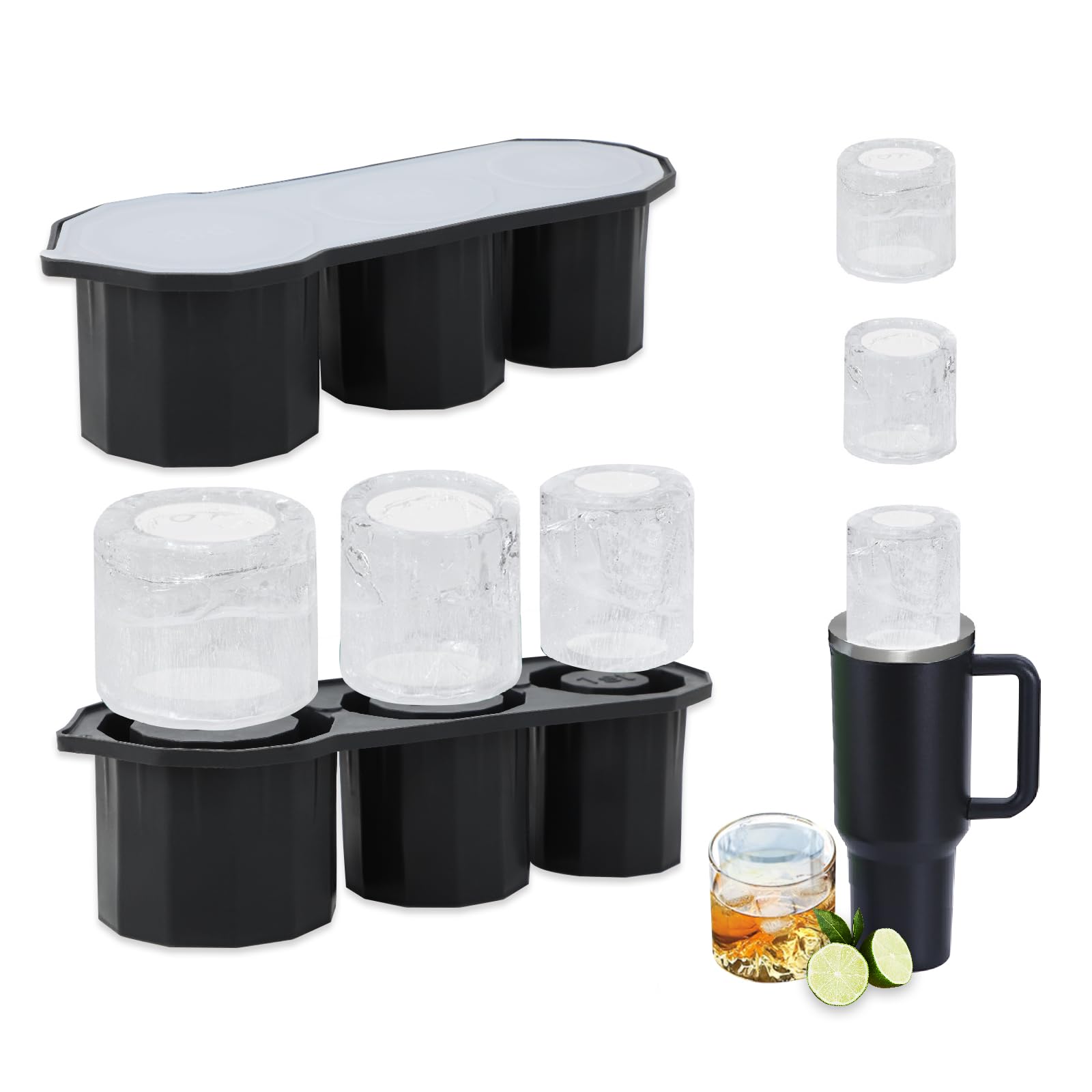 Flearitzo Bac à Glaçons en Silicone pour Stanley Cup Moule à Glaçons avec Couvercle Bac à Glaçons à 3 cylindres Creux pour gobel
