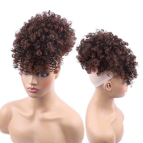 Miniatura 4 de Extensiones de cola de caballo con cordón y flequillo, extensiones de cola de caballo afro para mujer, cola de caballo corta rizada con flequillo,