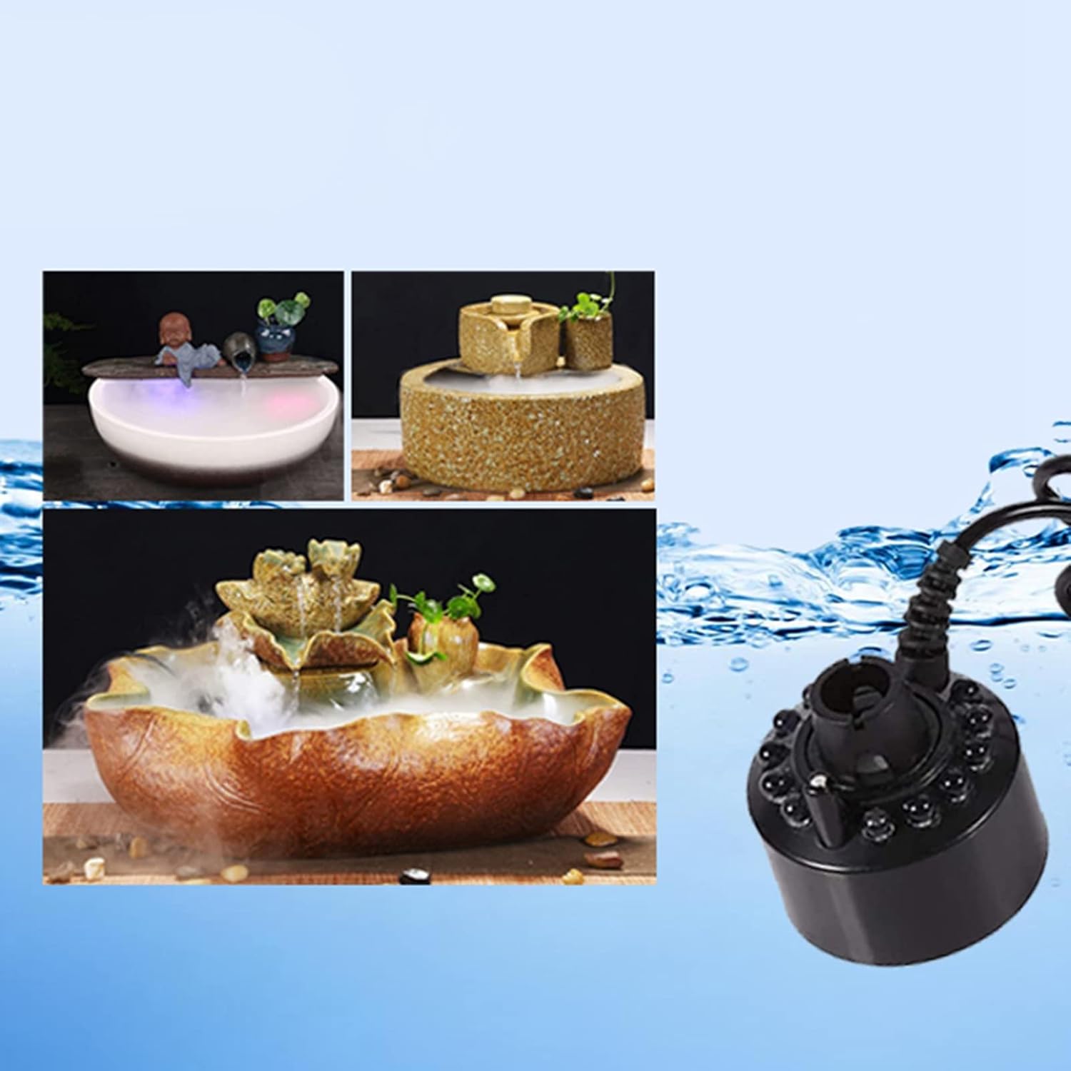 Mist maker submerged in water with fountain examples