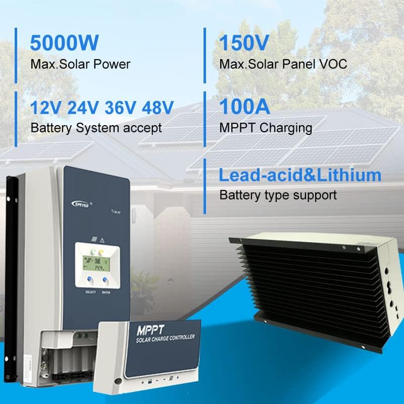 EPEVER 100a mppt Solar Charge Controller, 12v/24v/36v/48v Auto Max 150V 7500W Input Power fit for Sealed/Gel/Flooded(Tracer10415AN)
