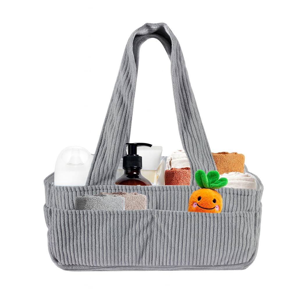 BREEZENEST Corduroy Baby Diaper Caddy Organizer – Large Nappy Basket with Removable Dividers, Portable Nursery Storage Organizer for Newborn Essentials (gray)