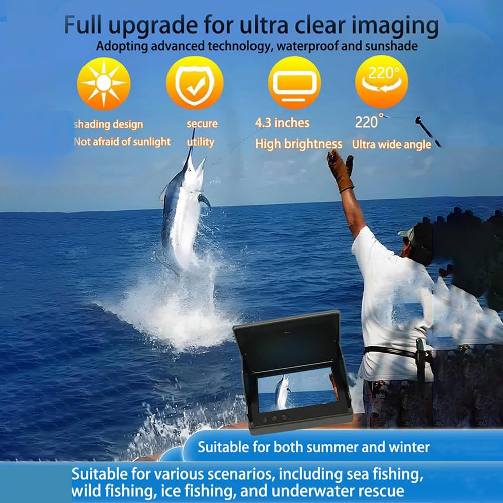 4.3Inch Colitt - Underwater Fishing Camera, 50/65/100/165ft Cable Ice Fishing Fish Finder, with 220° Wide Angle, Infrared Night Vision, Portable Fish Finder for Ice Lake Sea Boat Fishing