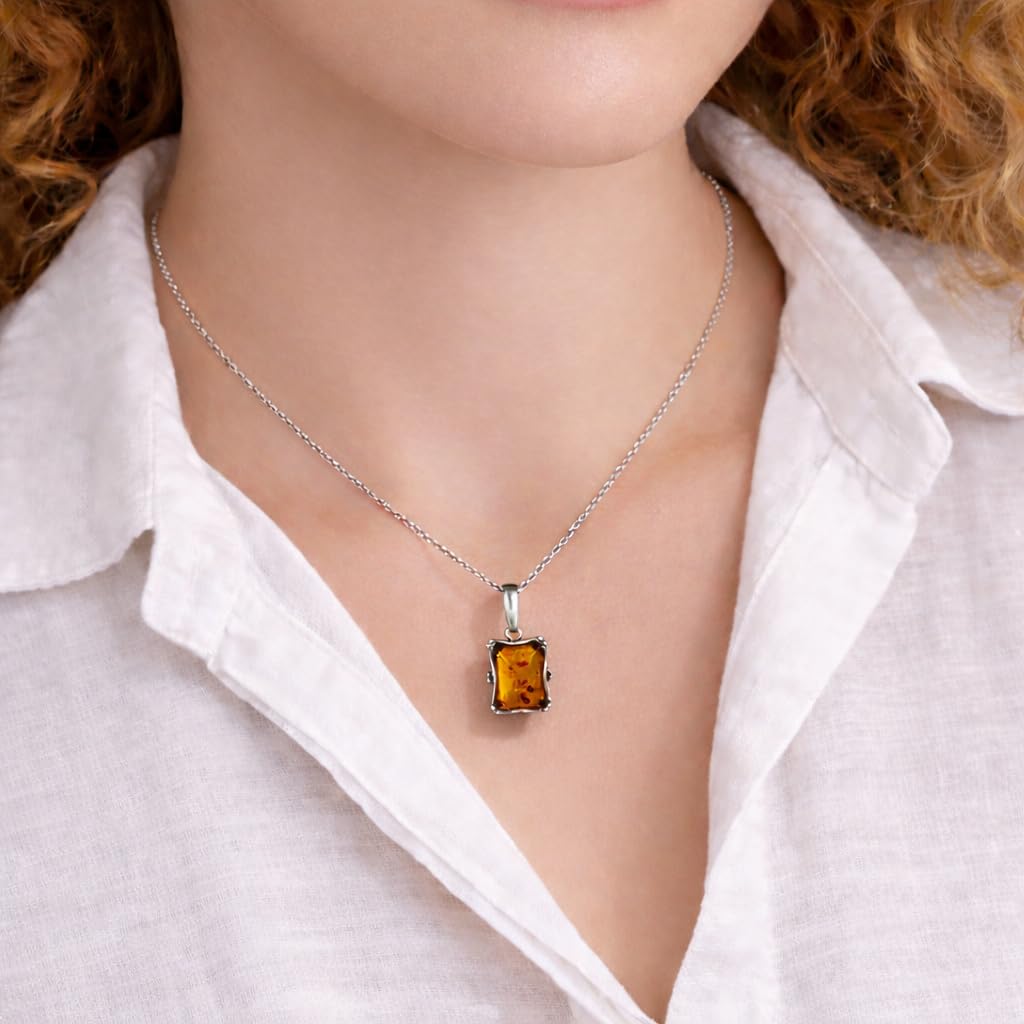 Joyería de ámbar para mujer, colgante rectangular de ámbar de miel báltica, incluye cadena de plata de ley 925, colección de joyas de plata de ley, fabricado en Polonia, piedra preciosa, ámbar, Gema,