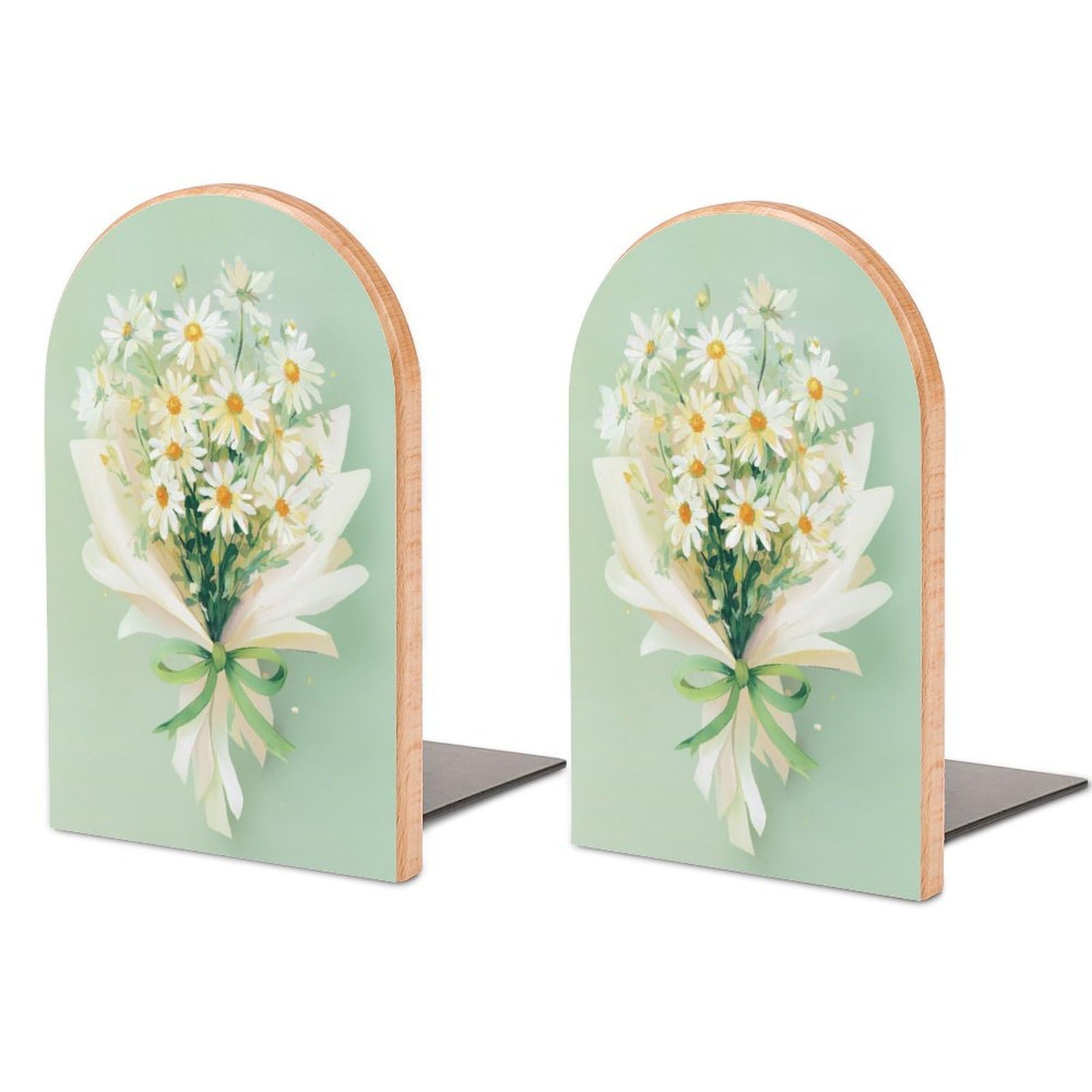 Bouquet of Light Yellow Daisies with Green Ribbon Wooden Bookends Shelves 2 PCS Sturdy Book Holders Desktop Organizer for Home Office Libraries