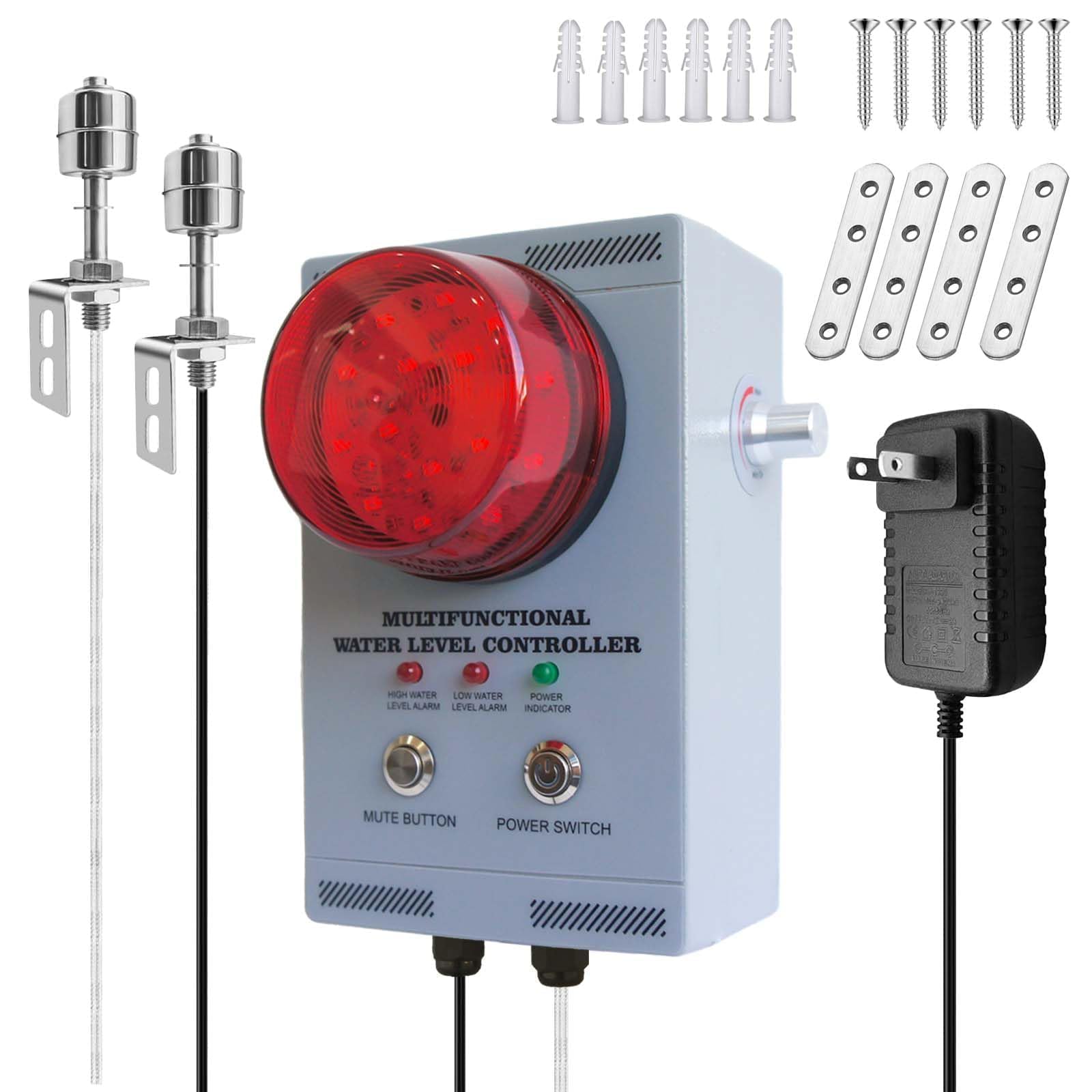 Alarme Niveau d'eau Professionnelle, détecteur Haut/Bas Liquide avec Double sonde, Alarme visuelle/sonore 120dB réglable, câble 10m, Tout métal, Anti-débordement pour cuves/piscines/Cales/puits