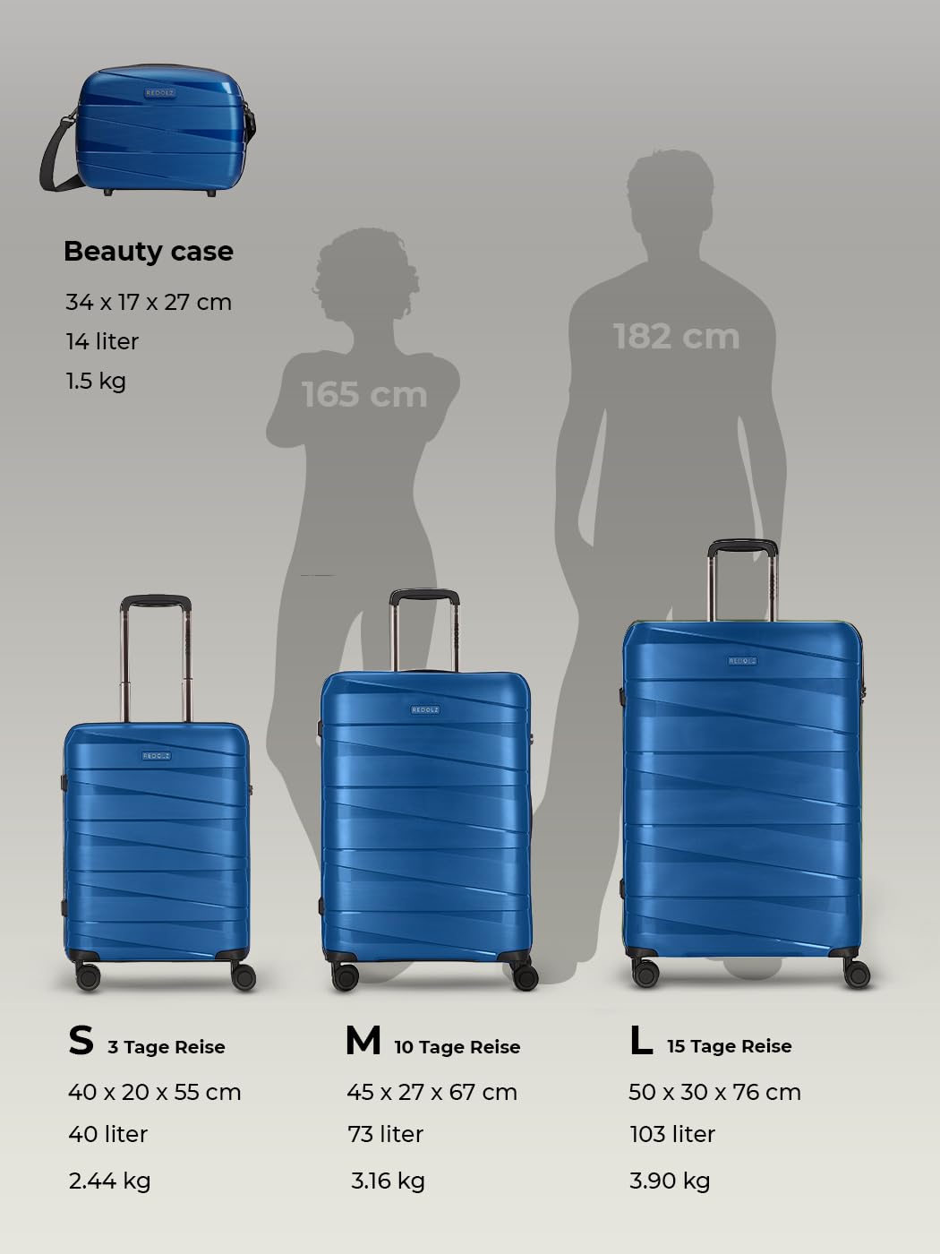 REDOLZ Hartschalen Check-in Koffer | Mittelgroßer Trolley 45 x 27 x 67 cm aus leichtem Polypropylen Material | 4-Doppelrollen & TSA (Essentials 10)
